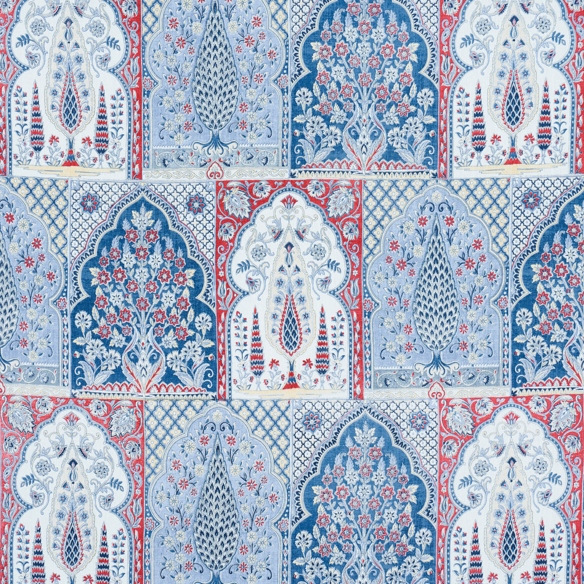 Schumacher BARRA PALACE INDIGO & CRIMSON Fabric | Atlanta Fabrics