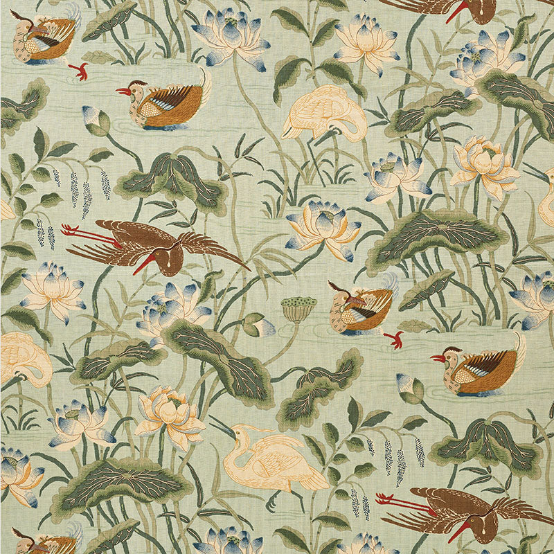 Schumacher LOTUS GARDEN AQUA Fabric | Atlanta Fabrics