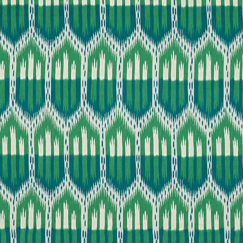Schumacher BUKHARA IKAT EMERALD & PEACOCK Fabric | Atlanta Fabrics