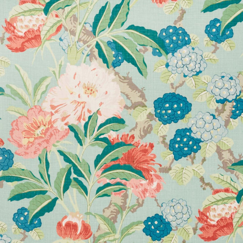SCHUMACHER ENCHANTED GARDEN AQUA FABRIC | Atlanta Fabrics