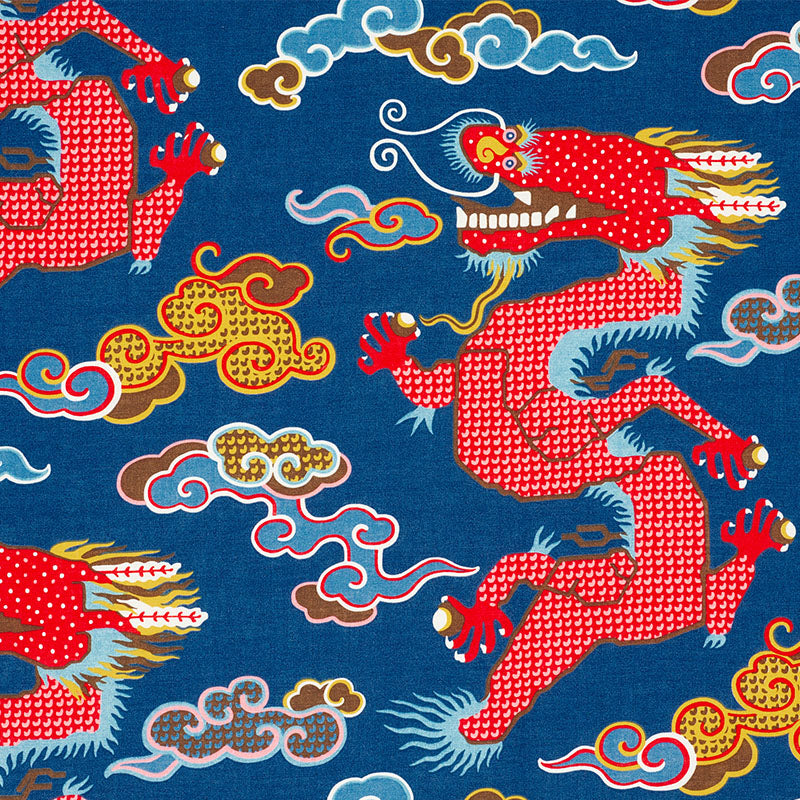 Schumacher MAGICAL MING DRAGON NAVY Fabric | Atlanta Fabrics