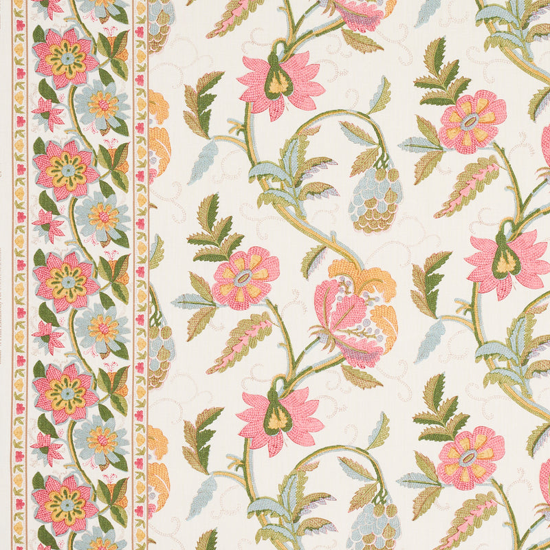 Schumacher Indali Bordered Linen Pink And Leaf  | Atlanta Fabrics