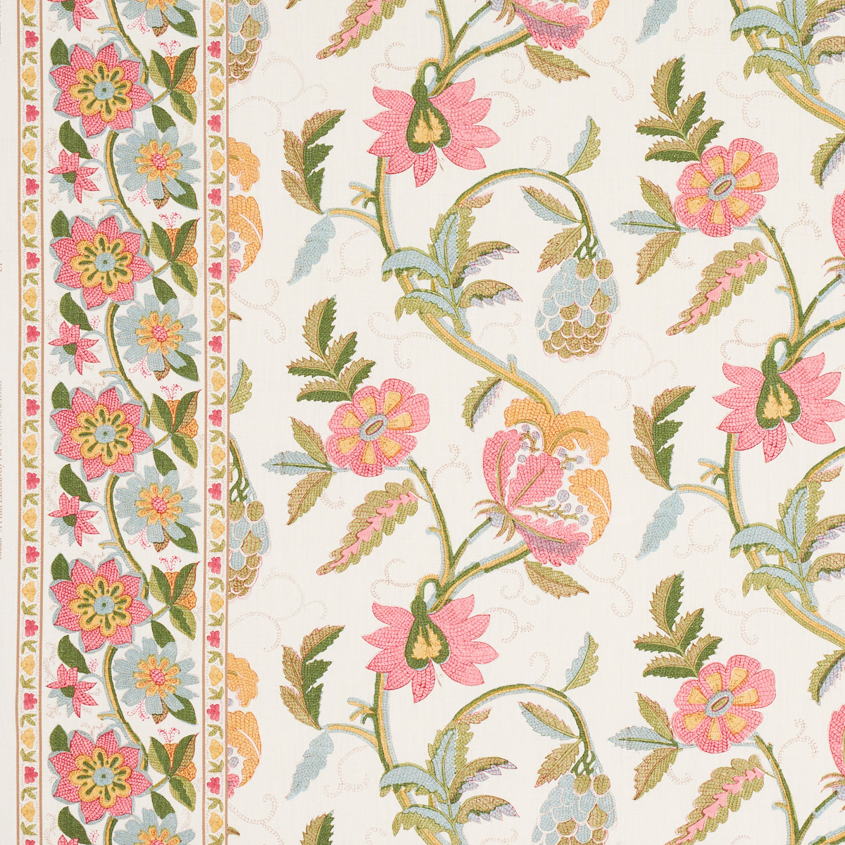 Schumacher INDALI BORDERED LINEN PINK AND LEAF Fabric | Atlanta Fabrics