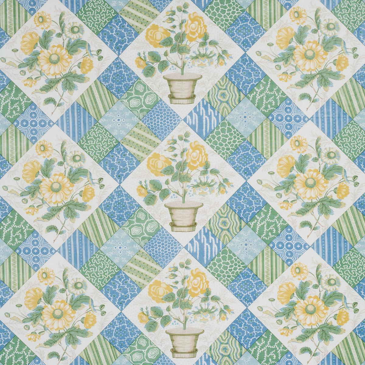 SCHUMACHER CALDWELL PATCHWORK CHINTZ YELLOW AND CORNFLOWER FABRIC | Atlanta Fabrics