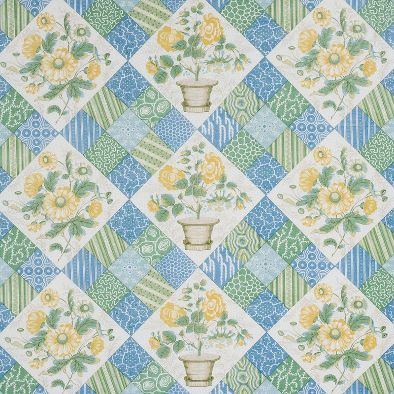 SCHUMACHER CALDWELL PATCHWORK CHINTZ YELLOW AND CORNFLOWER FABRIC | Atlanta Fabrics