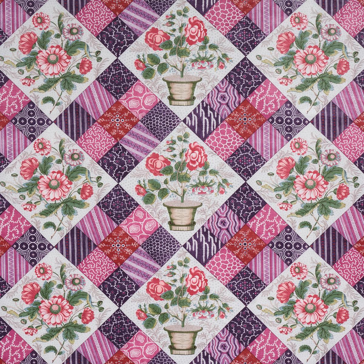 SCHUMACHER CALDWELL PATCHWORK CHINTZ FUSCHIA AND PLUM FABRIC | Atlanta Fabrics