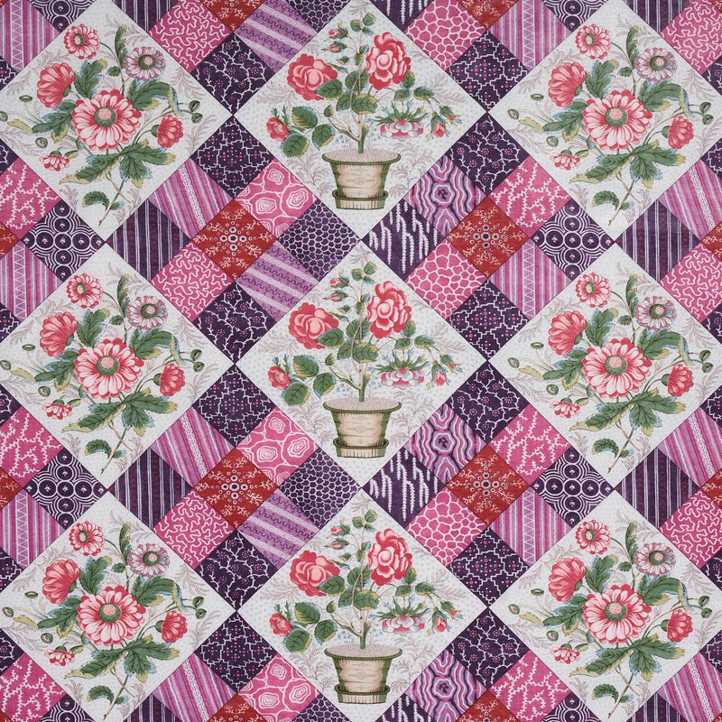 SCHUMACHER CALDWELL PATCHWORK CHINTZ FUSCHIA AND PLUM FABRIC | Atlanta Fabrics