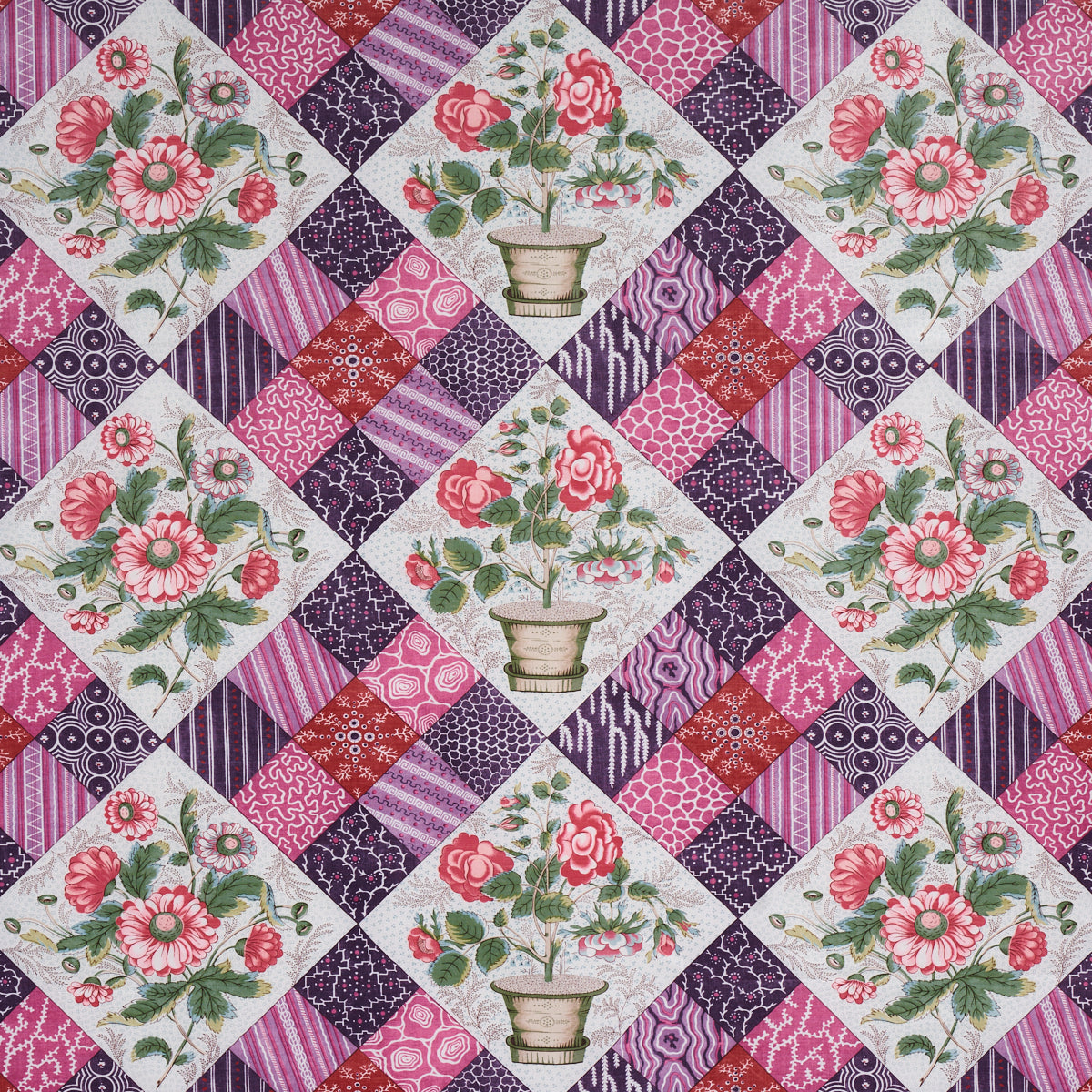 Schumacher CALDWELL PATCHWORK CHINTZ FUCHSIA AND PLUM Fabric | Atlanta Fabrics