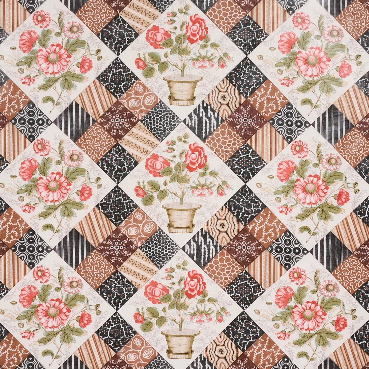 SCHUMACHER CALDWELL PATCHWORK CHINTZ ROSE AND CHOCOLATE FABRIC | Atlanta Fabrics