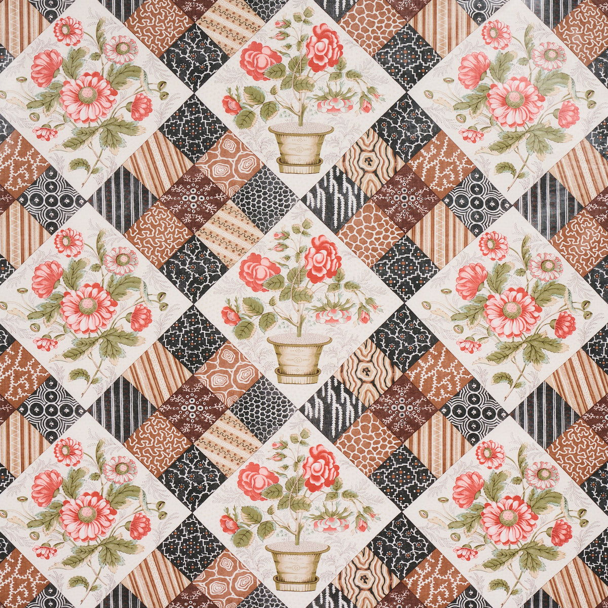 Schumacher CALDWELL PATCHWORK CHINTZ ROSE AND CHOCOLATE Fabric | Atlanta Fabrics
