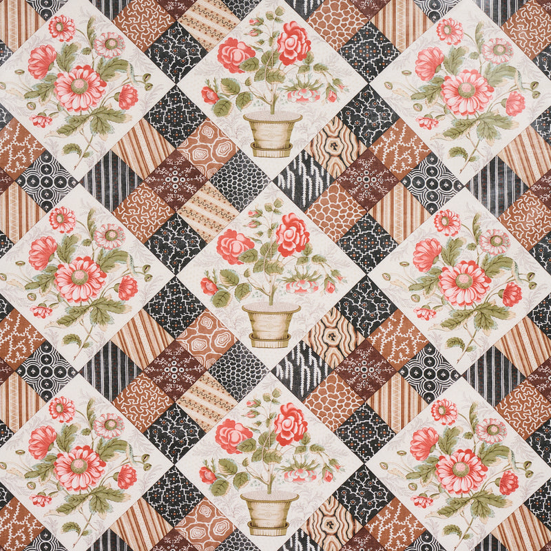 Schumacher CALDWELL PATCHWORK CHINTZ ROSE AND CHOCOLATE Fabric | Atlanta Fabrics