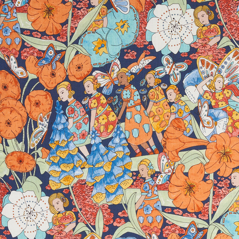 Schumacher FAIRIE GARDEN ORANGE AND NAVY Fabric | Atlanta Fabrics