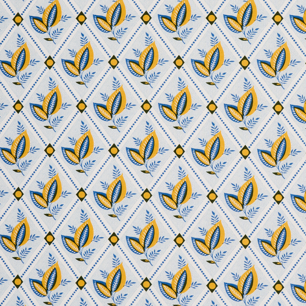 Schumacher BASILE TRELLIS YELLOW & BLUE Fabric | Atlanta Fabrics