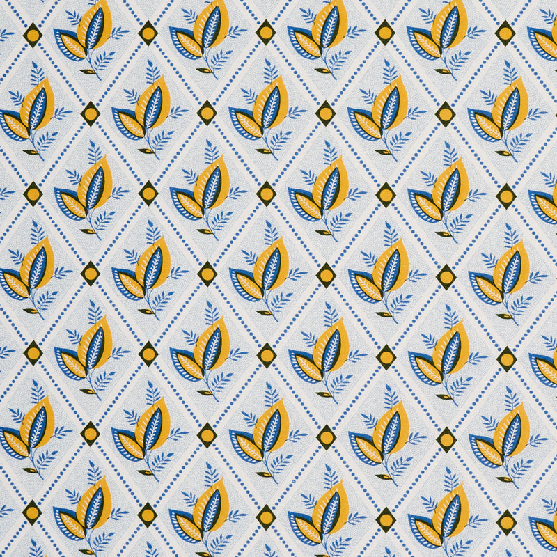 Schumacher BASILE TRELLIS YELLOW & BLUE Fabric | Atlanta Fabrics