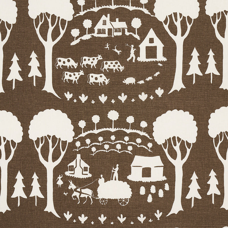 Schumacher Farm Scene Brown Fabric | Atlanta Fabrics