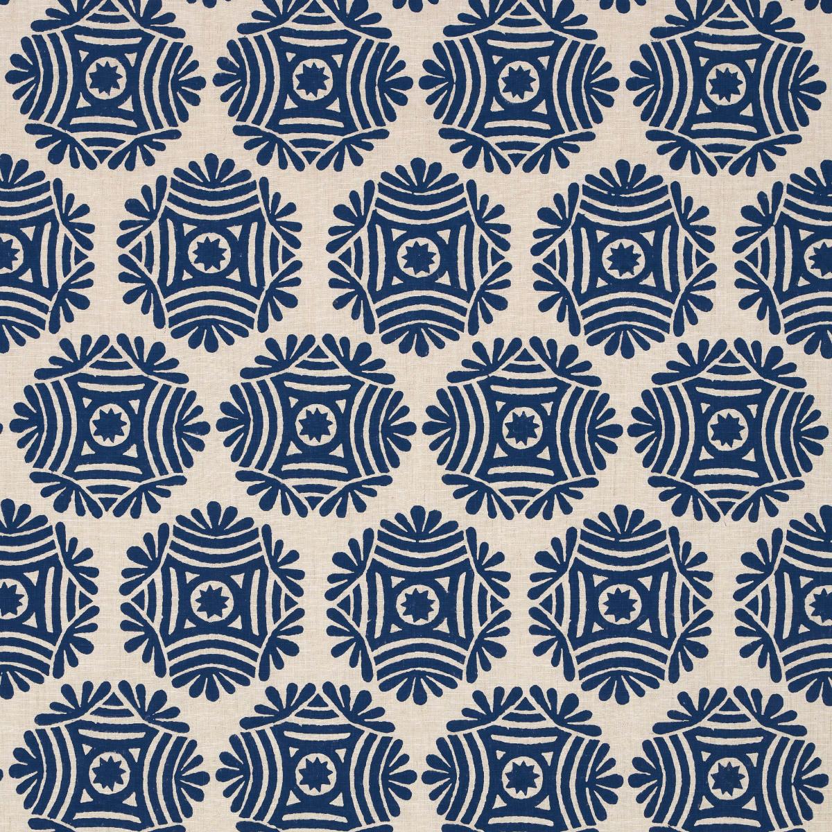 SCHUMACHER GILDED STAR BLOCK PRINT NAVY ON NATURAL FABRIC | Atlanta Fabrics