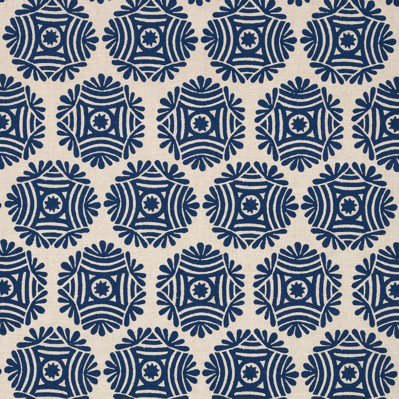 SCHUMACHER GILDED STAR BLOCK PRINT NAVY ON NATURAL FABRIC | Atlanta Fabrics