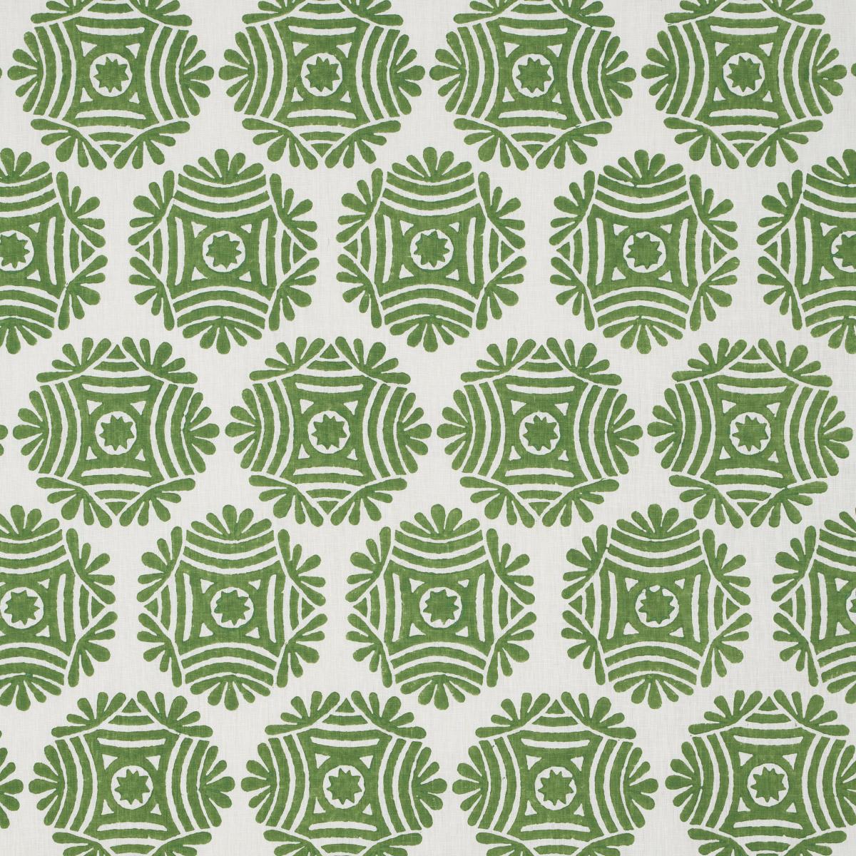 SCHUMACHER GILDED STAR BLOCK PRINT GREEN FABRIC | Atlanta Fabrics