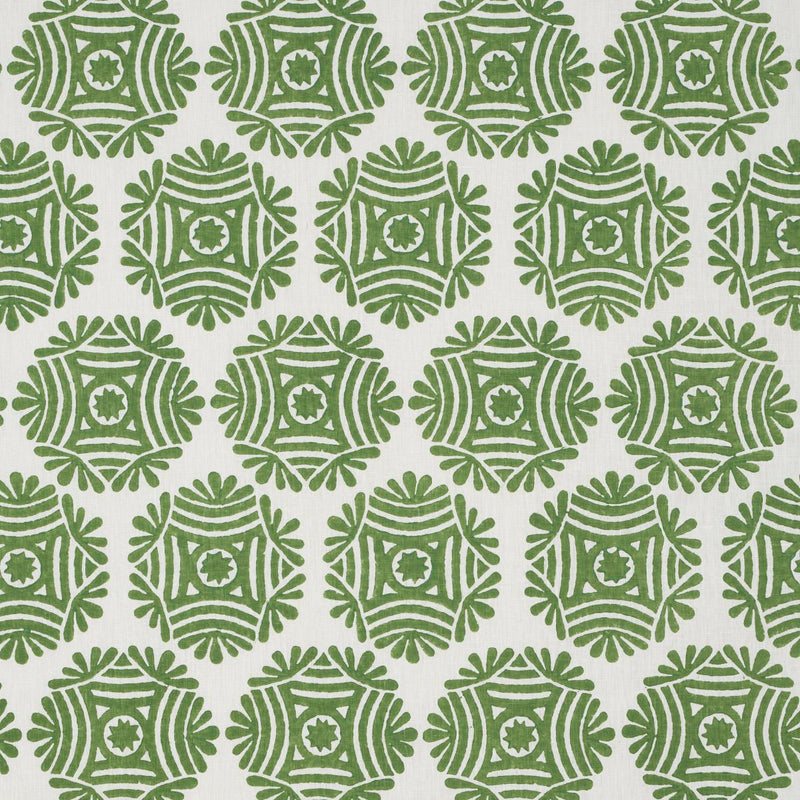 SCHUMACHER GILDED STAR BLOCK PRINT GREEN FABRIC | Atlanta Fabrics