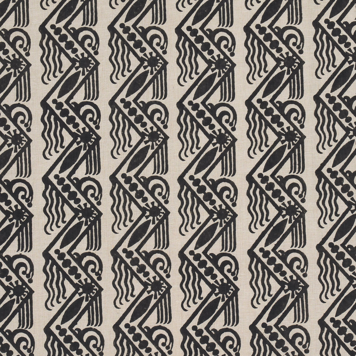Schumacher VENETIAN ZIG ZAG BLOCK PRINT BLACK ON NATURAL Fabric | Atlanta Fabrics