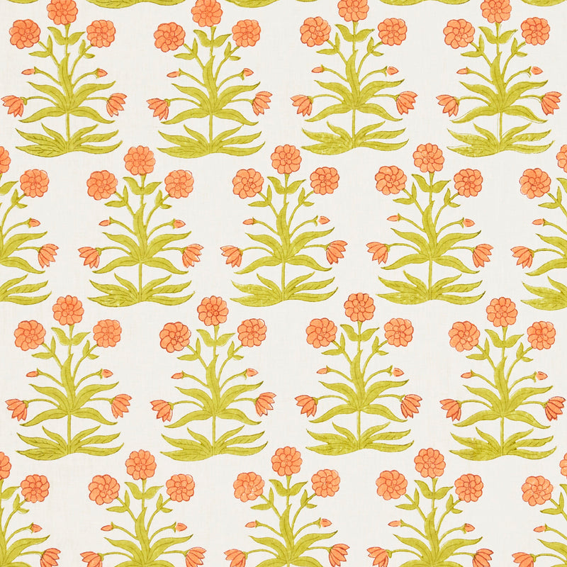 Schumacher Mughal Hand Block Print Peach Sap Green  | Atlanta Fabrics