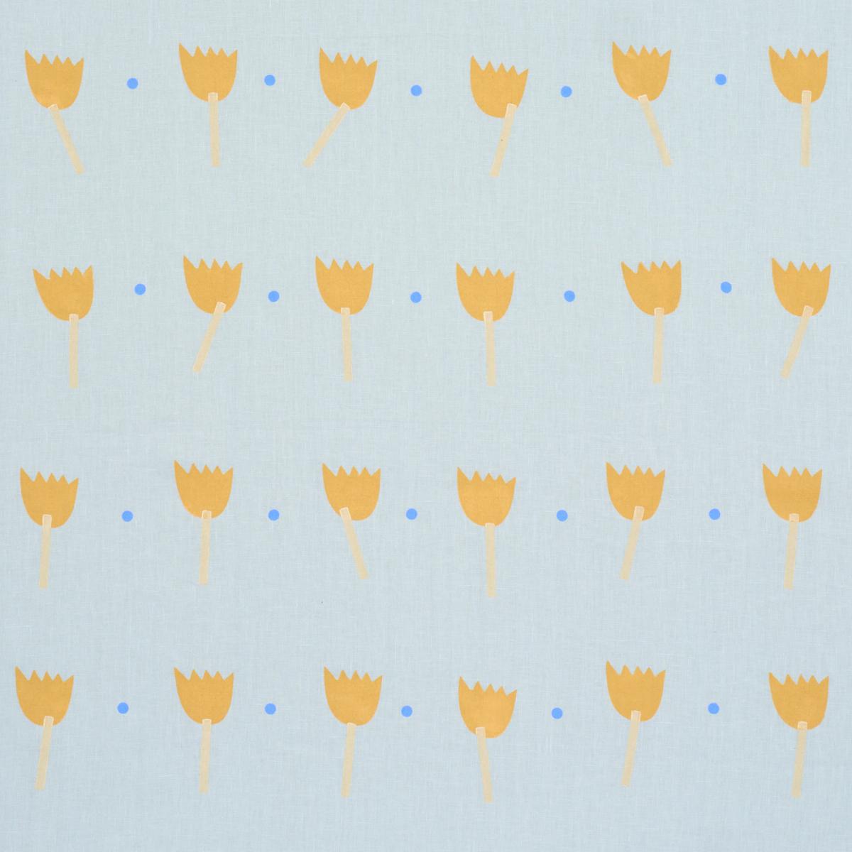Schumacher TULIP PLAY HAND BLOCK PRINT OCHRE ON SKY Fabric | Atlanta Fabrics