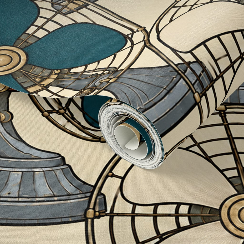 Atlanta Fabrics Breeze Table Fan Petrol Wallpaper Wallpaper | Atlanta Fabrics