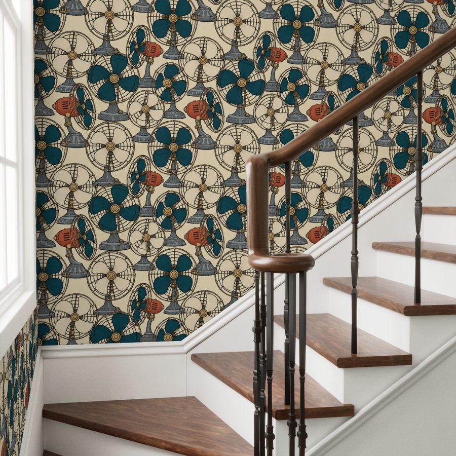 Atlanta Fabrics Breeze Table Fan Petrol Wallpaper Wallpaper | Atlanta Fabrics
