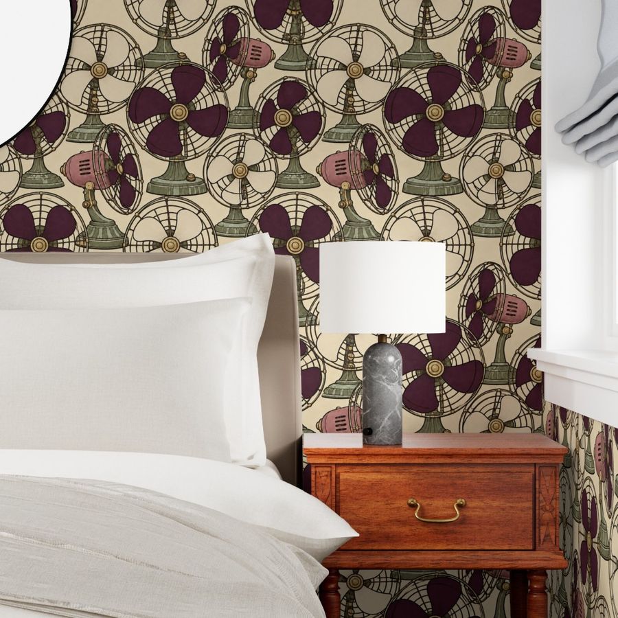 Atlanta Fabrics Breeze Table Fan Aubergine Wallpaper Wallpaper | Atlanta Fabrics