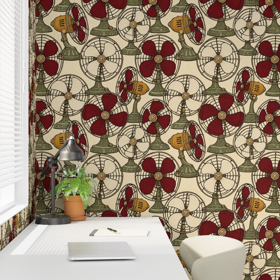 Atlanta Fabrics Breeze Table Fan Oxblood Wallpaper Wallpaper | Atlanta Fabrics