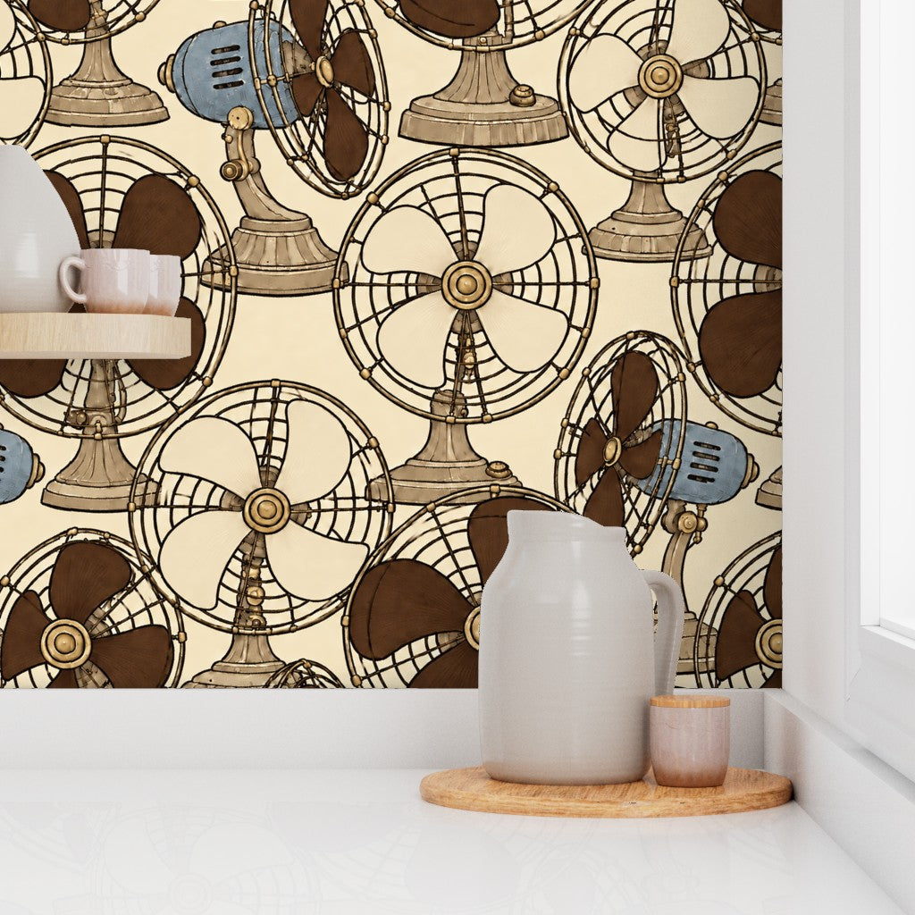 Atlanta Fabrics Breeze Table Fan Walnut Wallpaper Wallpaper | Atlanta Fabrics