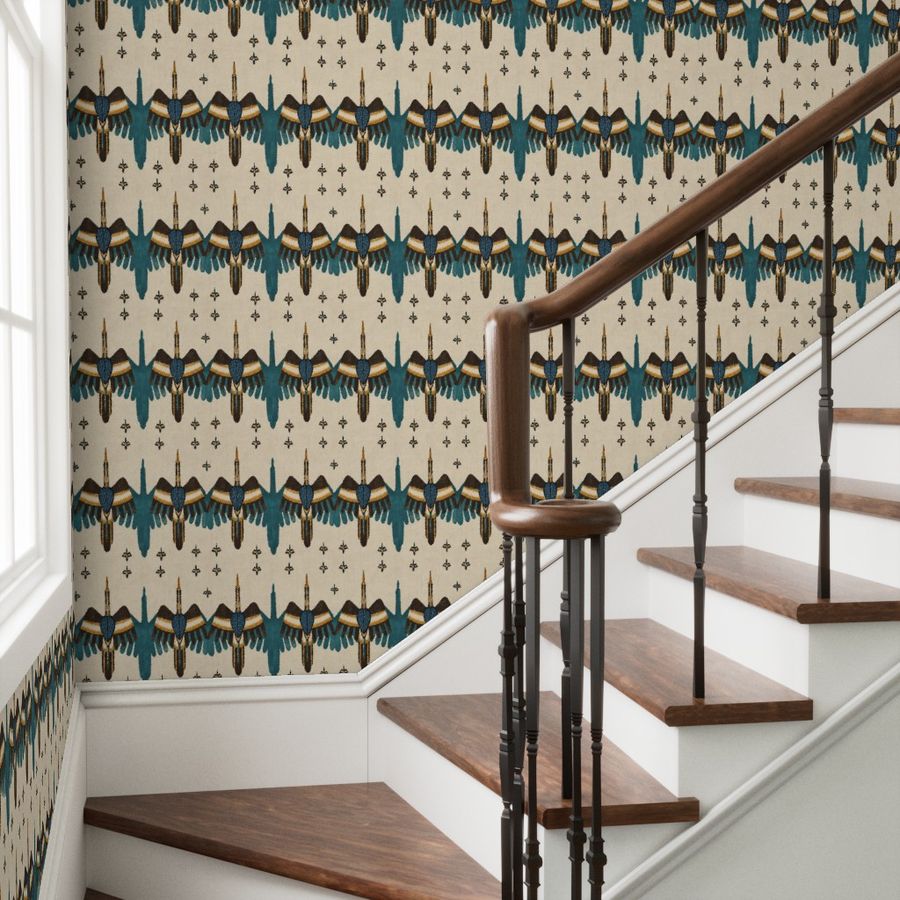 Atlanta Fabrics Prairie Thunderbird Teal Wallpaper Wallpaper | Atlanta Fabrics