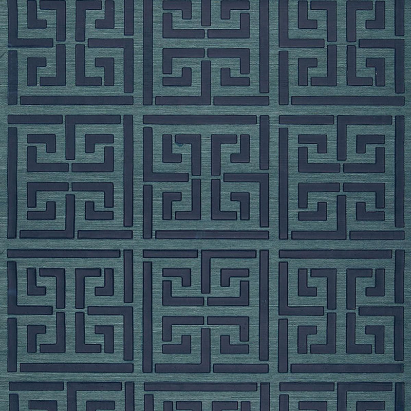 SCHUMACHER GREEK KEY SISAL PEACOCK WALLCOVERING | Atlanta Fabrics