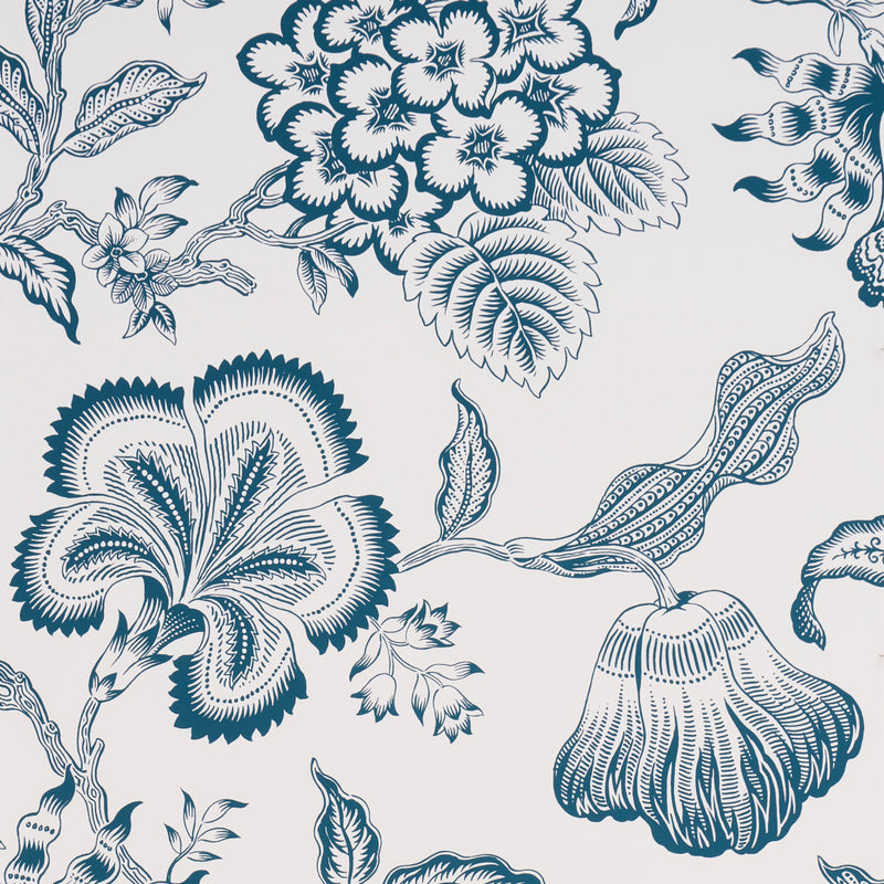 Schumacher HOTHOUSE FLOWERS SILHOUETTE PEACOCK ON WHITE  | Atlanta Fabrics