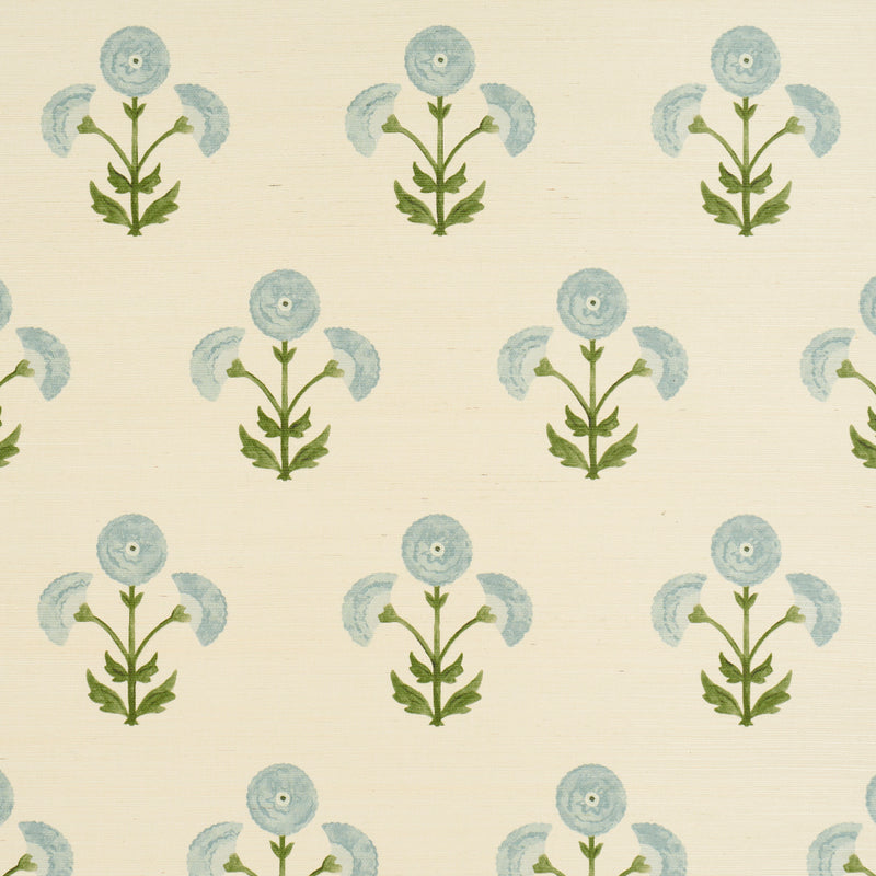 Schumacher Saranda Flower Sisal Sky  | Atlanta Fabrics