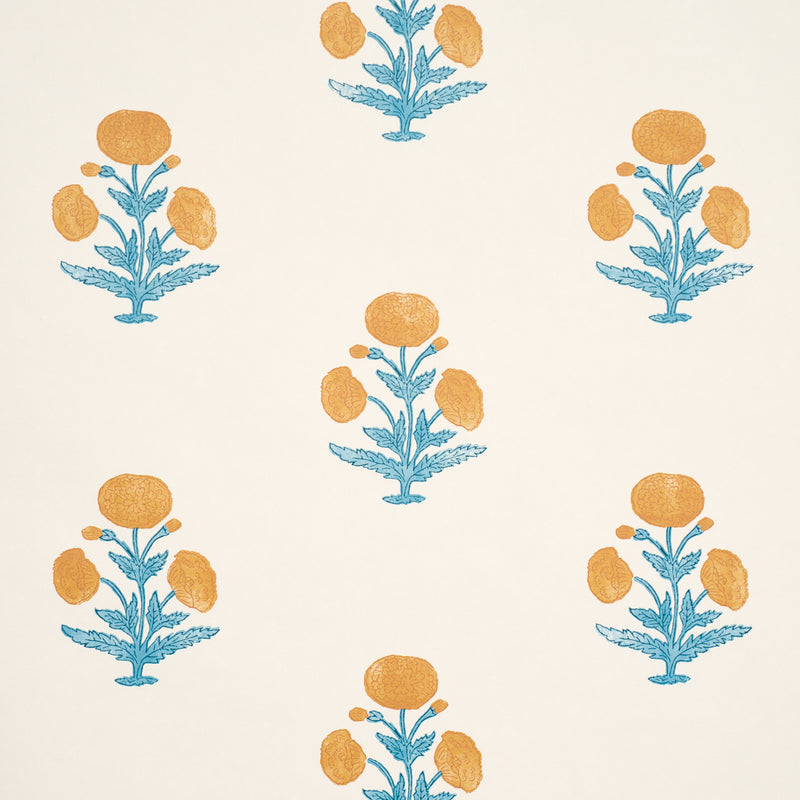 Schumacher Poppy Print Mustard & Sky  | Atlanta Fabrics