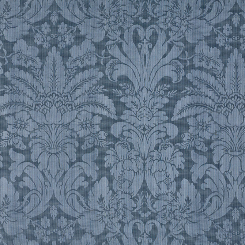 Schumacher COLETTE LINEN/SILK DAMASK INDIGO Fabric | Atlanta Fabrics