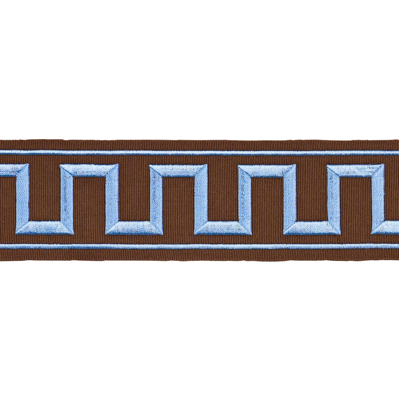 Schumacher GREEK KEY EMBROIDERED TAPE BLUE ON BROWN Trim | Atlanta Fabrics