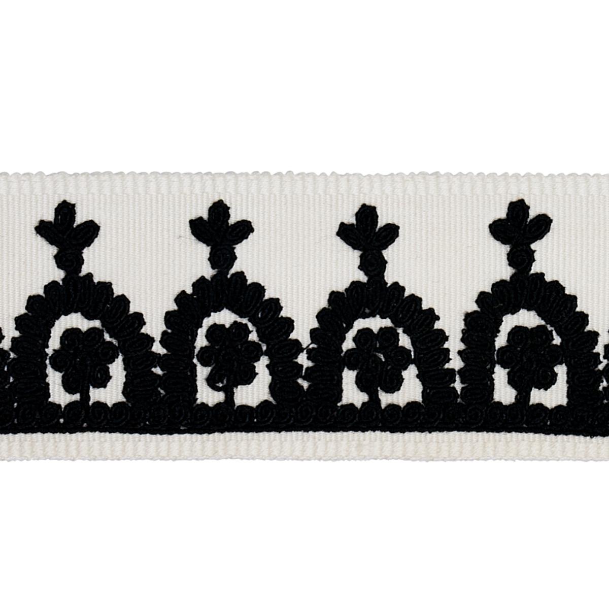 Schumacher Noelia Embroidered Tape BLACK ON IVORY Trim | Atlanta Fabrics