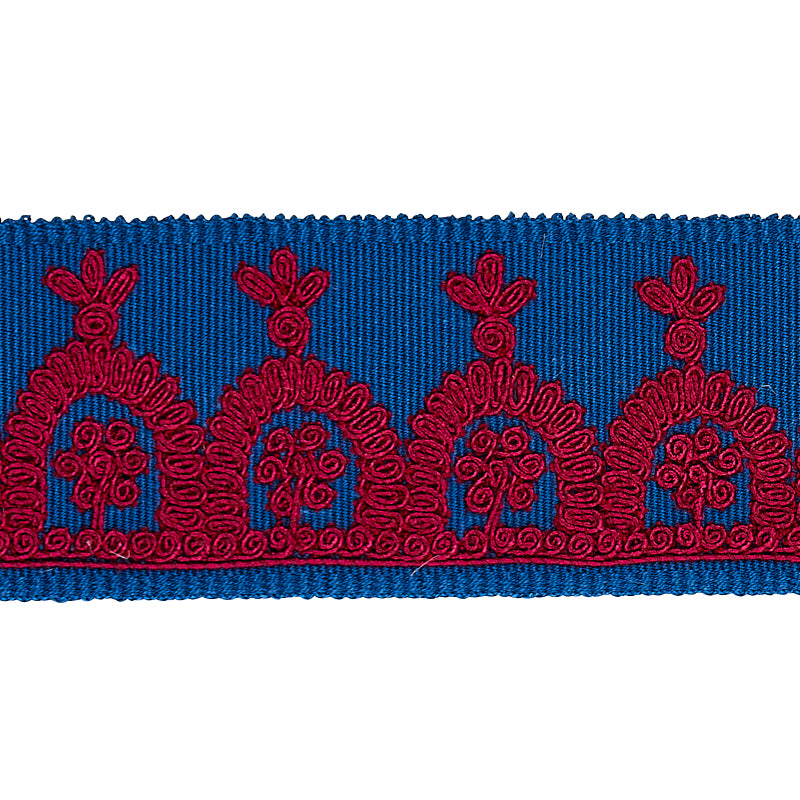 Schumacher Noelia Embroidered Tape RED ON BLUE Trim | Atlanta Fabrics