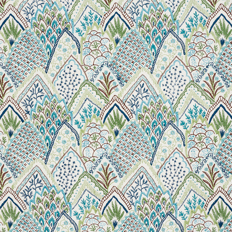 Schumacher ALBIZIA EMBROIDERY BLUE & GREEN Fabric | Atlanta Fabrics