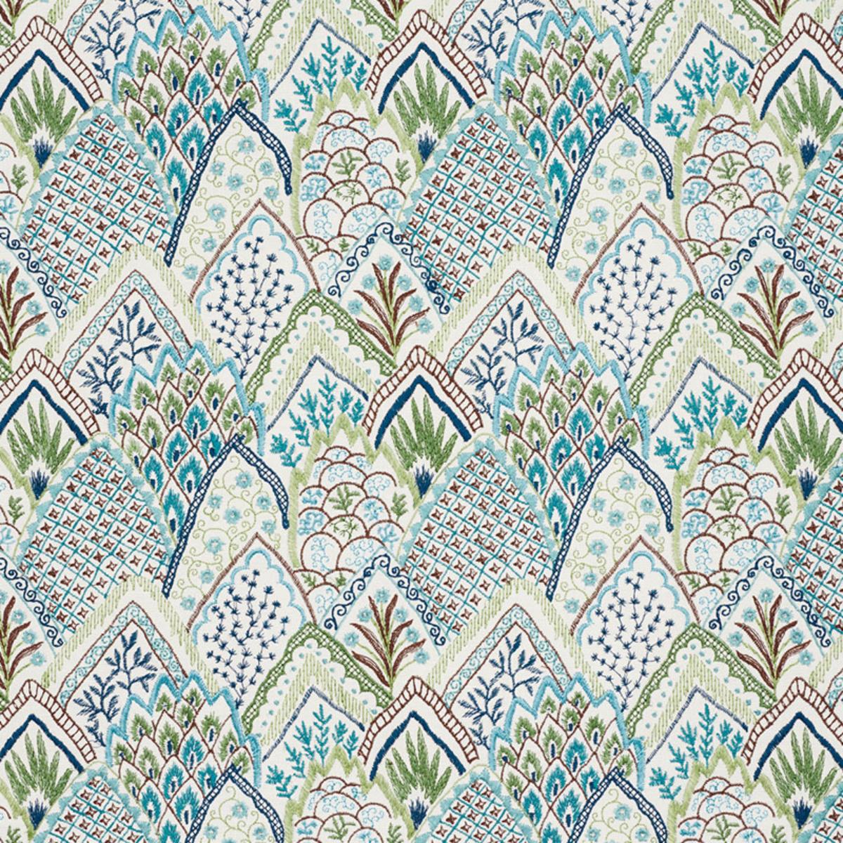 SCHUMACHER ALBIZIA EMBROIDERY BLUE & GREEN FABRIC | Atlanta Fabrics