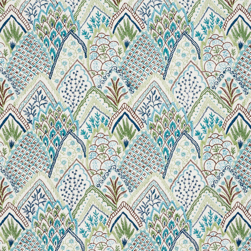 SCHUMACHER ALBIZIA EMBROIDERY BLUE & GREEN FABRIC | Atlanta Fabrics