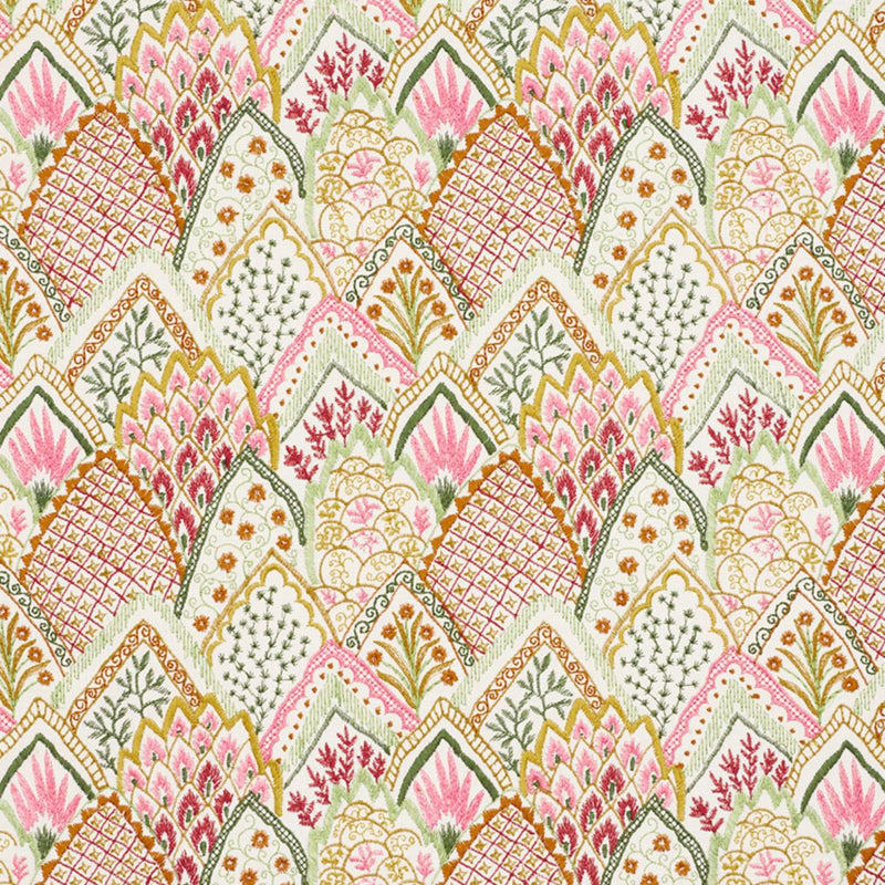 SCHUMACHER ALBIZIA EMBROIDERY PINK & LEAF FABRIC | Atlanta Fabrics