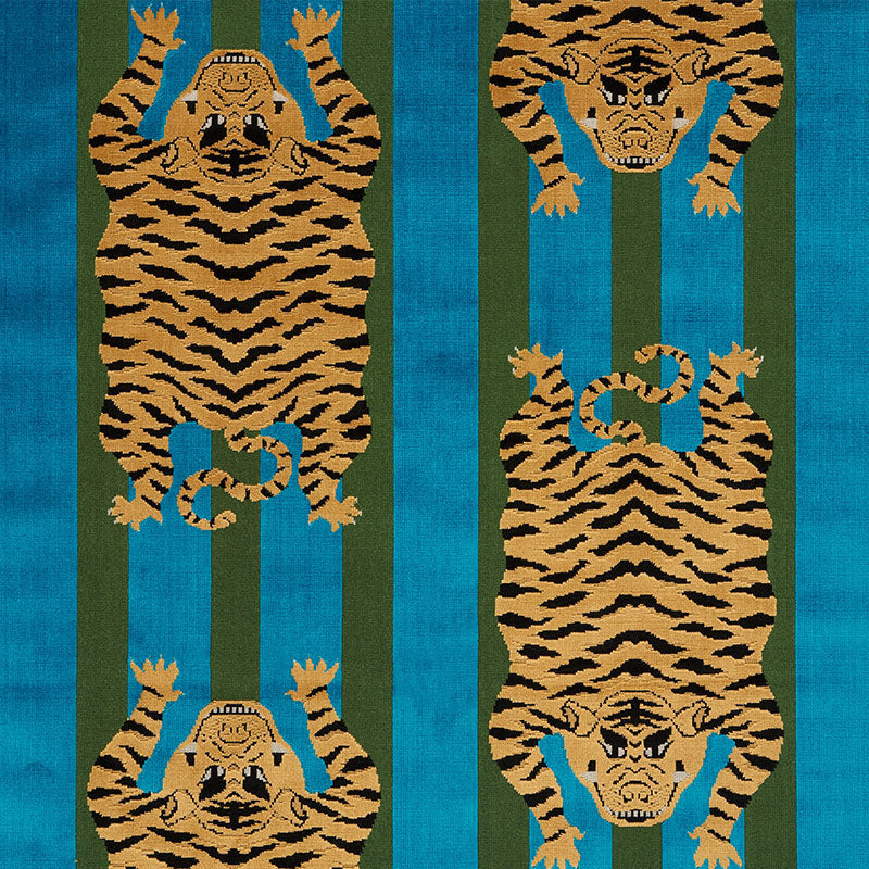 Schumacher Jokhang Tiger Velvet Peacock & Olive Fabric | Atlanta Fabrics