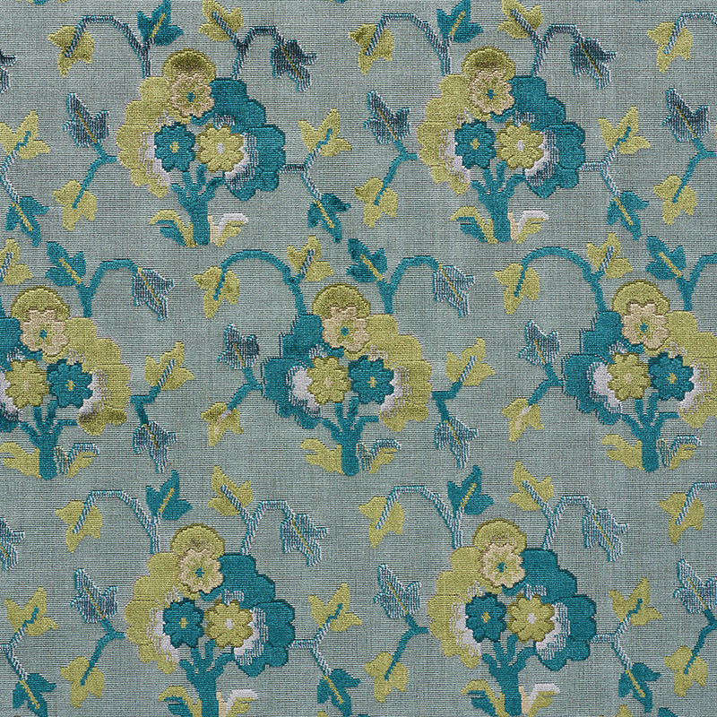 Schumacher JENNIE VELVET PEACOCK & CELADON Fabric | Atlanta Fabrics