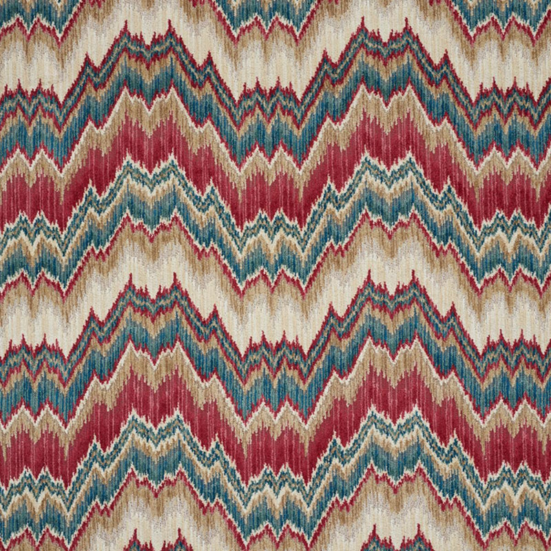 SCHUMACHER BEZIQUE FLAMESTITCH VELVET RED & PEACOCK FABRIC | Atlanta Fabrics
