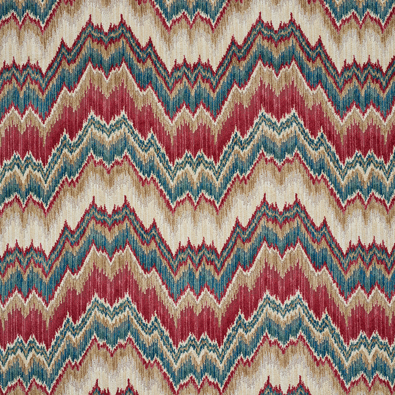 Schumacher BEZIQUE FLAMESTITCH VELVET RED & PEACOCK Fabric | Atlanta Fabrics