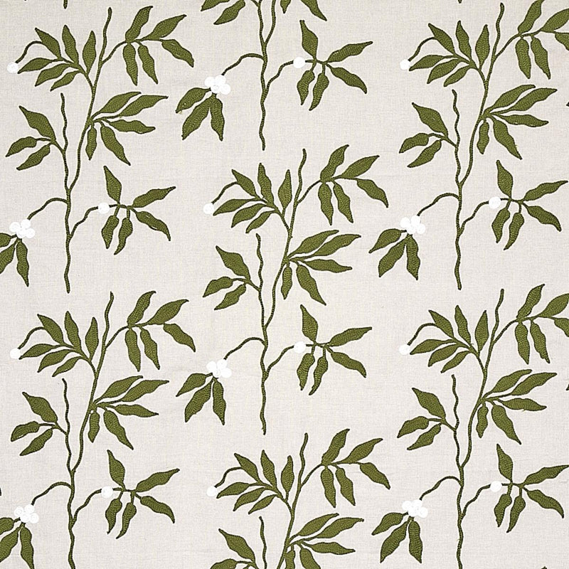 SCHUMACHER LILLA EMBROIDERY OLIVE ON NEUTRAL FABRIC | Atlanta Fabrics