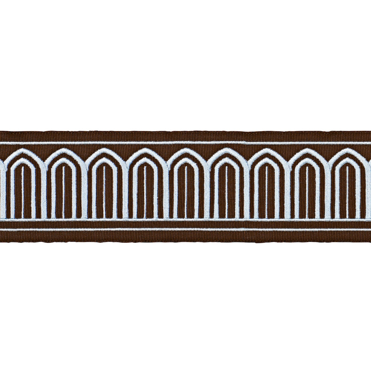 Schumacher ARCHES EMBROIDERED TAPE MEDIUM SKY ON BROWN Trim | Atlanta Fabrics